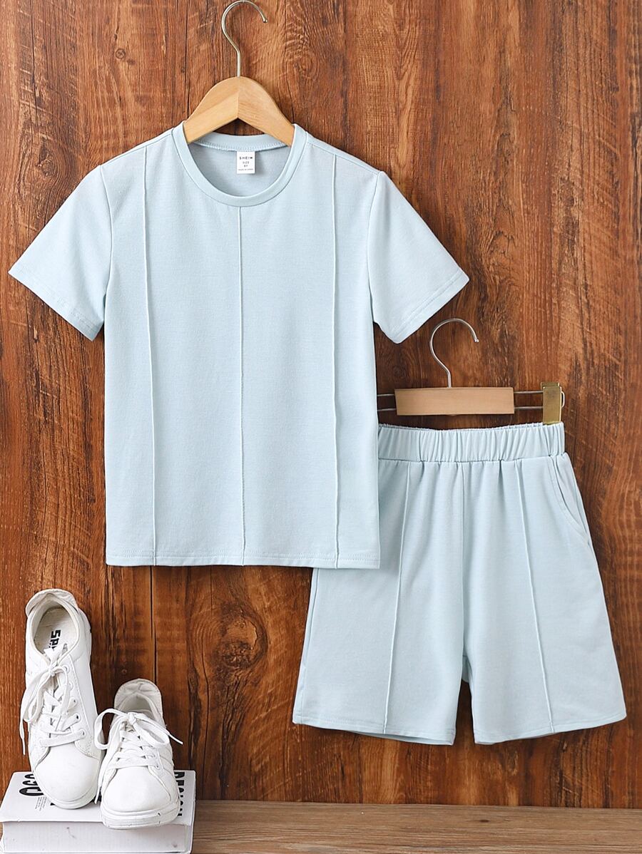 SHEIN Boys Press Crease Tee & Shorts - Baby Blue - View 1