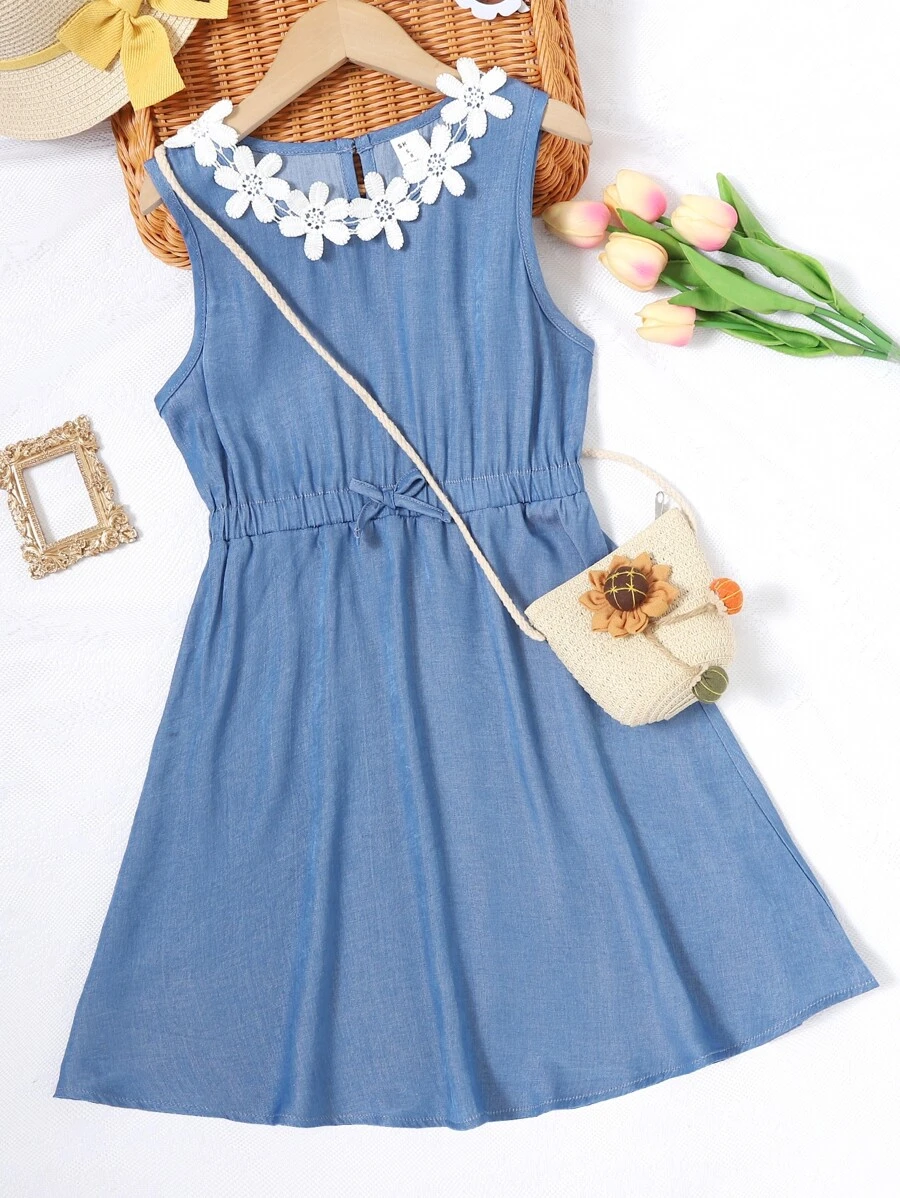Girls Guipure Lace Appliques Keyhole Back Sleeveless Dress - Blue - View 1