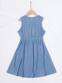 Girls Guipure Lace Appliques Keyhole Back Sleeveless Dress - Blue - View 2