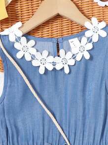 Girls Guipure Lace Appliques Keyhole Back Sleeveless Dress - Blue - View 6