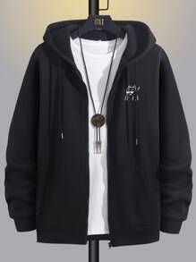 Manfinity Hypemode 男士卡通圖案拉鏈開襟抽繩加絨內裏連帽衫不帶T恤 - 黑色 - 查看 1