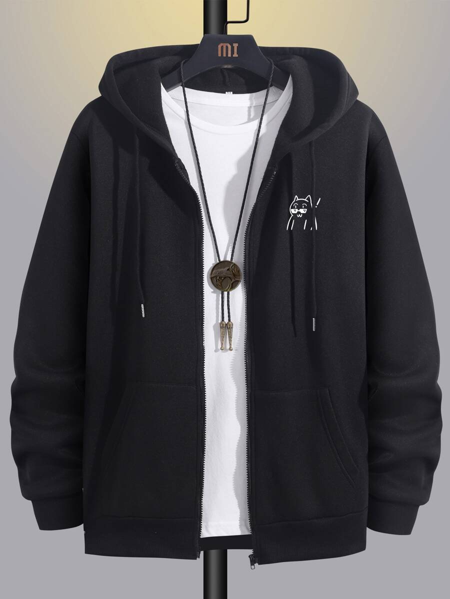 Manfinity Hypemode 男士卡通圖案拉鏈開襟抽繩加絨內裏連帽衫不帶T恤 - 黑色 - 查看 1