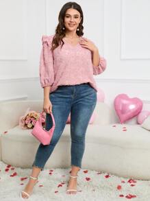 Calvaya Blusa jacquard ribete con fruncido de manga farol - Rosa vieja - Ver 4