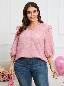 Calvaya Blusa jacquard ribete con fruncido de manga farol - Rosa vieja - Ver 5
