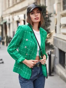 EURMUSE Plaid Double Breasted Blazer - Green - View 3