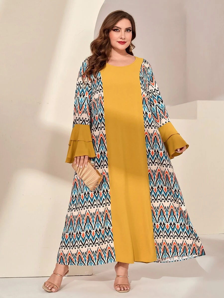 Al Najma Plus Geo Print Flounce Sleeve Tunic Dress - Multicolor - View 1