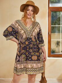 EMERY ROSE 大碼印花V領連衣裙 - 彩色 - 查看 4