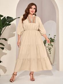 Al Najma Plus Embroidery Detail Notched Neck Ruffle Hem Dress - Apricot - View 1