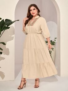 Al Najma Plus Embroidery Detail Notched Neck Ruffle Hem Dress - Apricot - View 4