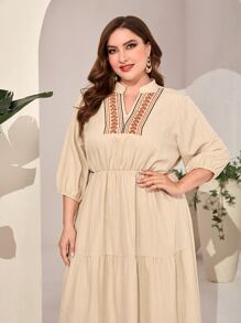 Al Najma Plus Embroidery Detail Notched Neck Ruffle Hem Dress - Apricot - View 5