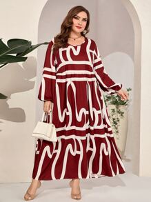 Al Najma 勃艮第红色加大码满版印花灯笼袖罩衫连衣裙 - 酒紅色 - 查看 1