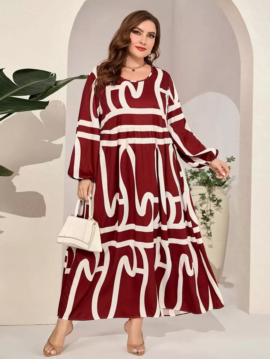 Al Najma 勃艮第红色加大码满版印花灯笼袖罩衫连衣裙 - 酒紅色 - 查看 1