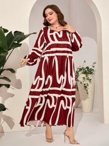 Al Najma 勃艮第红色加大码满版印花灯笼袖罩衫连衣裙 - 酒紅色 - 查看 3