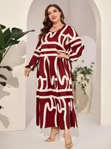 Al Najma 勃艮第红色加大码满版印花灯笼袖罩衫连衣裙 - 酒紅色 - 查看 4