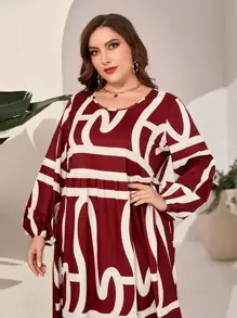 Al Najma 勃艮第红色加大码满版印花灯笼袖罩衫连衣裙 - 酒紅色 - 查看 5