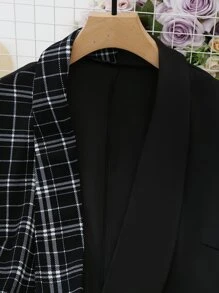 Mulvari Plus Plaid Print Shawl Collar Blazer - Black and White - View 5