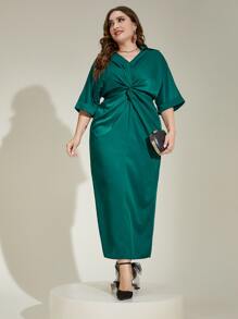 Modelyn 大碼前扭結捲邊袖連衣裙 - 水鴨藍 - 查看 4