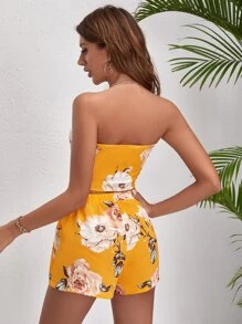 SHEIN VCAY Floral Tie Front Tube Top & Shorts Set - Yellow - View 2