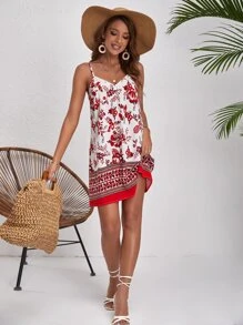 SHEIN VCAY Floral Print Cami Dress - Red and White - View 4