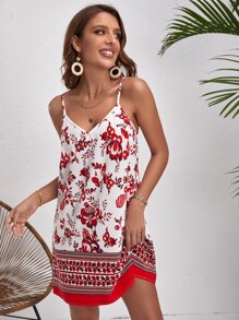 SHEIN VCAY Floral Print Cami Dress - Red and White - View 5