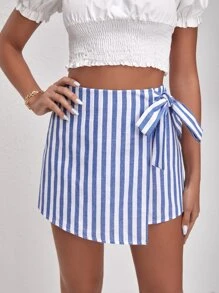 SHEIN VCAY Two Tone Striped Wrap Knot Skort - Blue and White - View 4