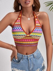 Soleia 鋸齒形印花露背掛脖上衣 - 亮橙色 - 查看 5