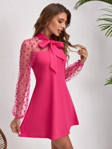 SHEIN Privé 繫帶領圓點植絨網紗袖連衣裙 - 玫紅色 - 查看 1