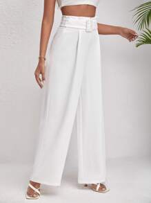 Firerie Solid High Waist Belted Wide Leg Trousers - White - View 3