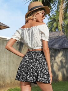 Soleia Ditsy Floral Ruffle Hem Skirt - Black and White - View 2