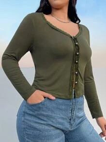SHEIN EZwear Plus Lace Trim Button Front Tee - Army Green - View 6