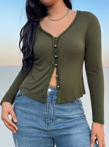 SHEIN EZwear Plus Lace Trim Button Front Tee - Army Green - View 1