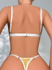 Orange Lace Floral Embroidery Semi Sheer Sexy Lingerie Set With Spaghetti Straps - Orange - View 2