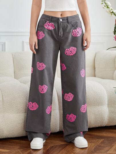 SHEIN EZwear 嘴唇印花闊腿褲