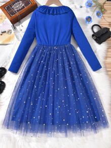 Chicas Vestido línea A con estrella bajo con malla ribete con fruncido - Azul - Ver 2