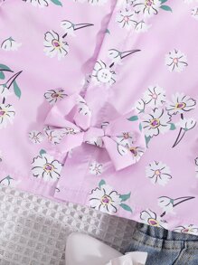 Chicas Camisa con estampado floral ribete con fruncido con lazo delantero - Rosa - Ver 4
