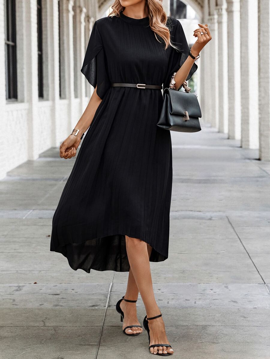 SHEIN Clasi 小高領花瓣袖連衣裙不附腰帶 - 黑色 - 查看 1