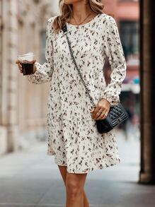 SHEIN LUNE Vestido smock con estampado de manga farol bajo con fruncido - Albaricoque - Ver 1
