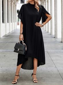 SHEIN Clasi 小高領花瓣袖連衣裙不附腰帶 - 黑色 - 查看 3