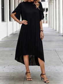 SHEIN Clasi 小高領花瓣袖連衣裙不附腰帶 - 黑色 - 查看 4