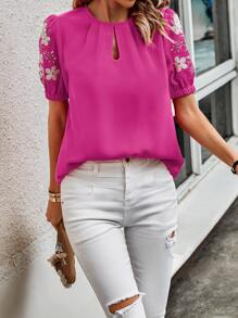 SHEIN LUNE Blusa con bordado floral de cuello con abertura de ojo - Rosa Fucsia - Ver 5