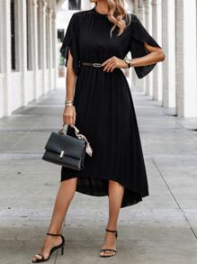 SHEIN Clasi 小高領花瓣袖連衣裙不附腰帶 - 黑色 - 查看 5