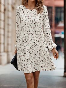 SHEIN LUNE Vestido smock con estampado de manga farol bajo con fruncido - Albaricoque - Ver 4