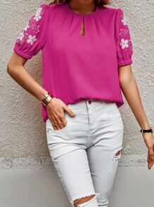 SHEIN LUNE Blusa con bordado floral de cuello con abertura de ojo - Rosa Fucsia - Ver 6