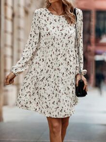 SHEIN LUNE Vestido smock con estampado de manga farol bajo con fruncido - Albaricoque - Ver 5