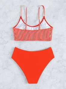 Vertical Striped Summer Beach Bikini Set - Orange - View 2
