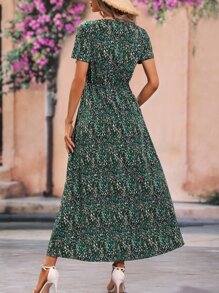 SHEIN Holidaya All Over Print Split Thigh Dress - Green - View 2