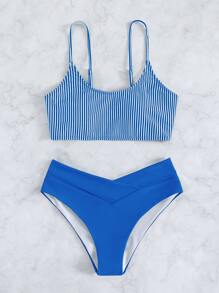Vertical Striped Bikini Set Wireless Bra Top & Hipster Bikini Bottom 2 Piece Bathing Suit - Blue - View 3