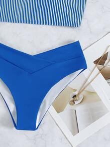Vertical Striped Bikini Set Wireless Bra Top & Hipster Bikini Bottom 2 Piece Bathing Suit - Blue - View 4