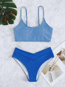 Vertical Striped Bikini Set Wireless Bra Top & Hipster Bikini Bottom 2 Piece Bathing Suit - Blue - View 5