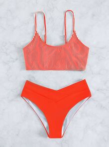 Vertical Striped Summer Beach Bikini Set - Orange - View 4